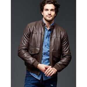 Gap Men's Brown Genuine Leather Aviator Full Zip Motorcycle Jacket Size XL tall